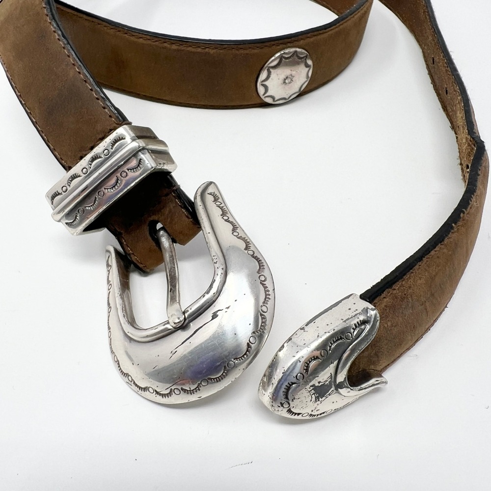 Brown Full Grain Cowhide Leather Western Belt Silver Concho Buckle Set Size 44